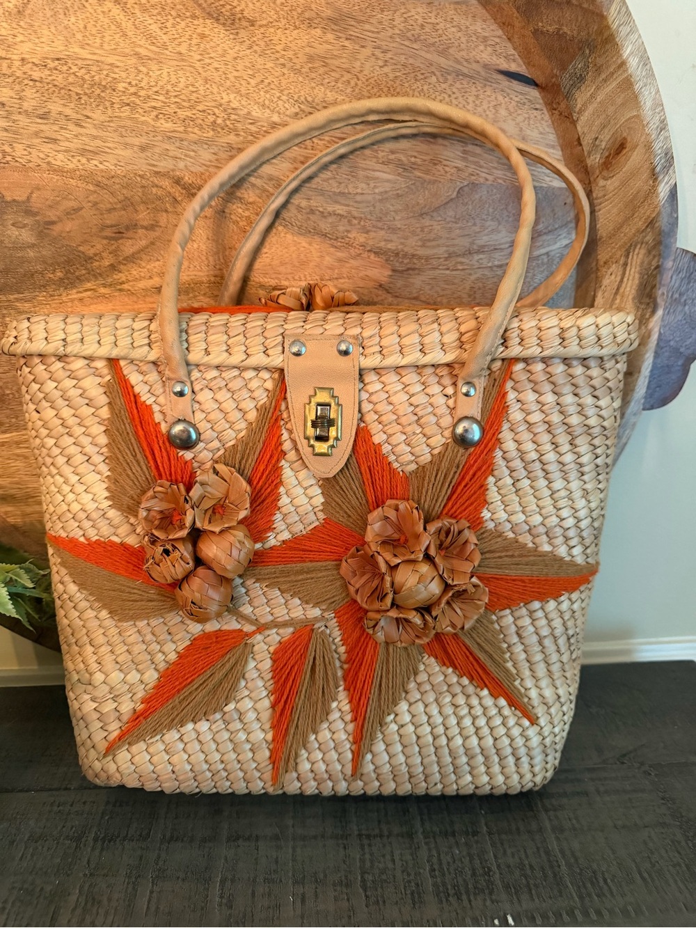 Vintage Woven Straw Basket Bag Sunburst Floral Embroidery Boho Wicker Satchel
